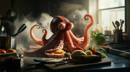 Obraz premium Octopus managing a kitchen, holding utensils, chopping vegetables, and flipping pancakes, bright lighting, culinary scene