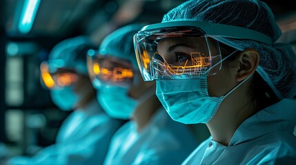 A team of researchers using AR tools to simulate and analyze scientific experiments Stock Photo with side copy space