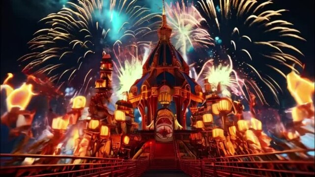 Festive brightly colorful fireworks on twilight background high in sky