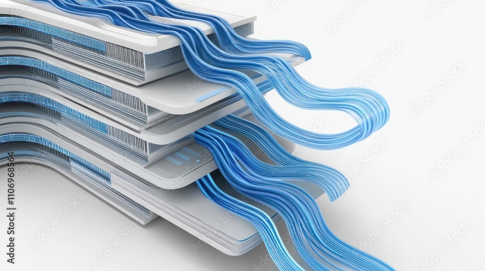Poster Abstract design with layered elements and flowing blue lines, suggesting technology or data flow.