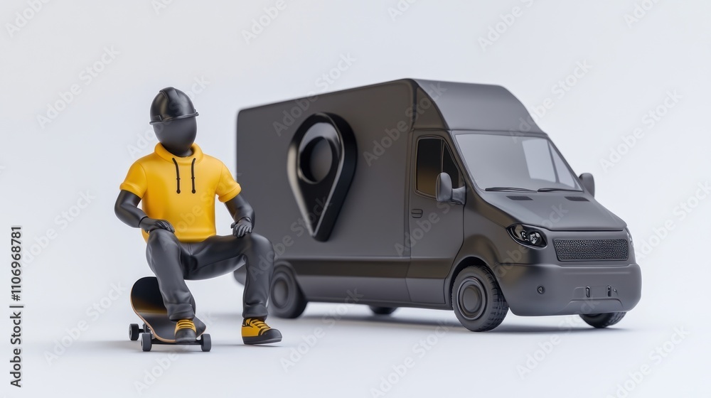 Poster a 3d figure on a skateboard next to a delivery van with a location pin symbol.