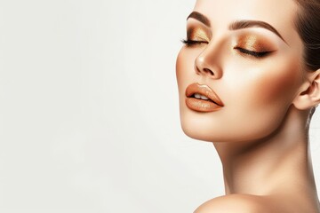 Fototapeta premium Elegant Woman with Gold Makeup and Smooth Skin against Neutral Background