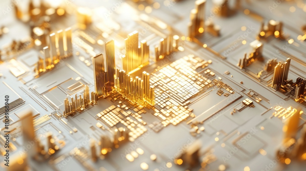 Fototapete a close-up view of a futuristic circuit board with golden structures.