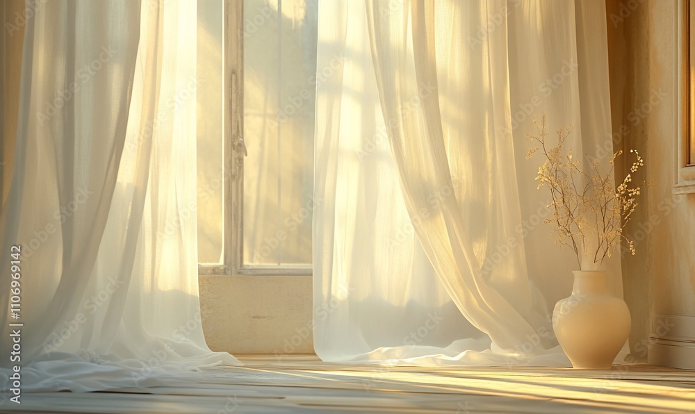 Poster Soft sunlight filters through sheer curtains, illuminating a serene space.