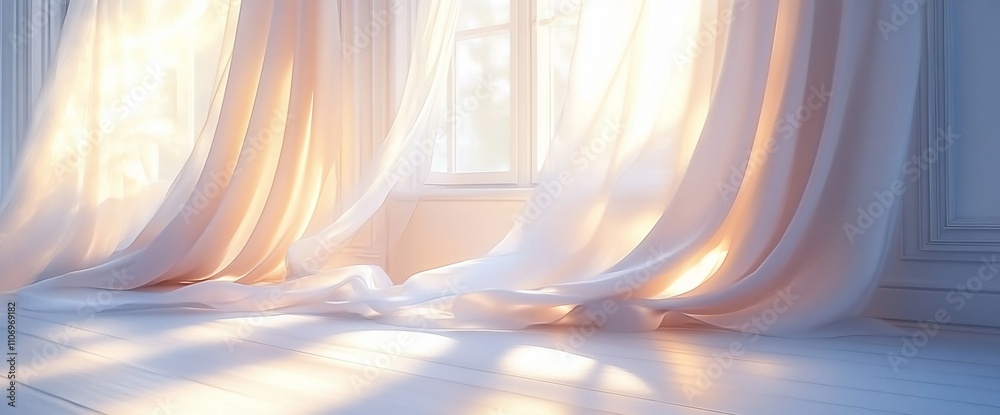 Poster soft sunlight filters through sheer curtains in a serene interior space.