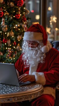 A man dressed as Santa Claus works on a laptop in a decorated silver pre-Christmas holiday