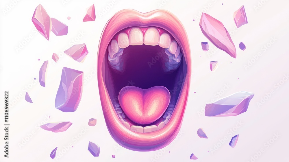 Aufkleber a surreal depiction of an open mouth surrounded by floating geometric shapes.