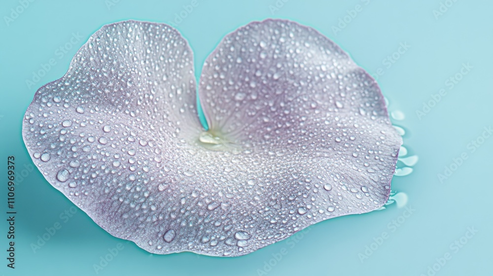 Poster a delicate flower petal with droplets resting on a soft blue surface.