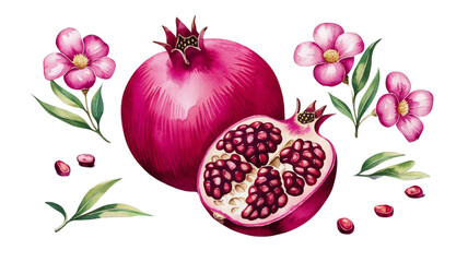 Red ripe pomegranate fruit and pomegranate cut, pomegranate flower branch and leaves, watercolor pomegranate illustration, botanical illustration