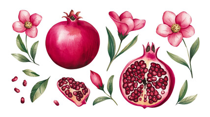 Red ripe pomegranate fruit and pomegranate cut, pomegranate flower branch and leaves, watercolor pomegranate illustration, botanical illustration