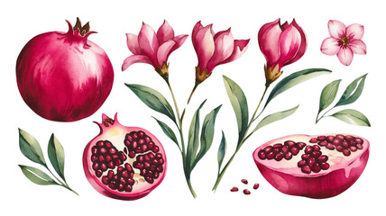 Red ripe pomegranate fruit and pomegranate cut, pomegranate flower branch and leaves, watercolor pomegranate illustration, botanical illustration