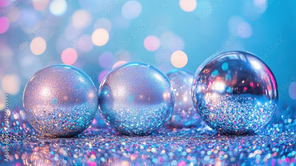 Aufkleber a vibrant arrangement of sparkling spheres on a glittery surface with a colorful bokeh background.
