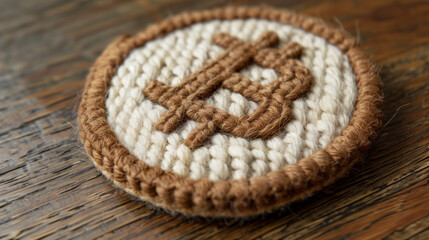 Woolen token with embroidered Bitcoin symbol on wooden surface.