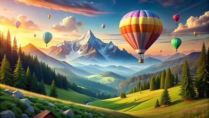 Fototapeta premium Hot Air Balloon Floating Over Majestic Mountain Landscape in Paper Art Style - Vibrant Nature Scenery Banner for Travel and Adventure Themes