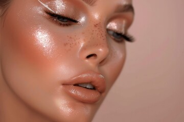 Fototapeta premium Glowing Beauty Close-Up with Freckles and Soft Makeup Highlights