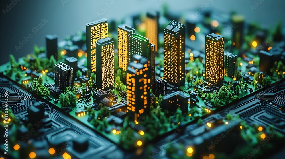 Poster a futuristic smart city model featuring green tech and eco-friendly infrastructure stock photo with 