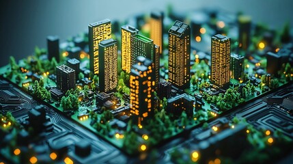 A futuristic smart city model featuring green tech and eco-friendly infrastructure Stock Photo with side copy space