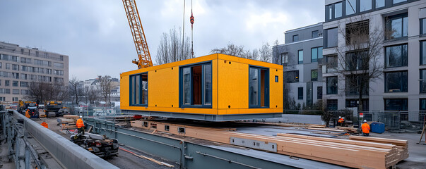Fototapeta premium Modular Home Construction, Crane Lifts Prefabricated Unit Onto Foundation Beams
