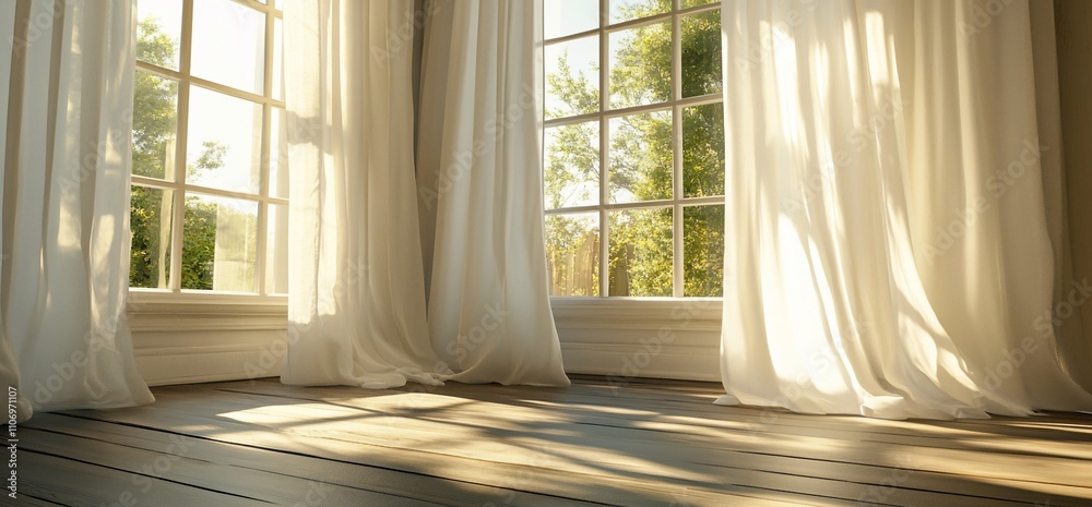 Poster Sunlight streams through large windows, illuminating a serene room.