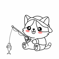 Cute Cat Fishing With Rods And Hat Cartoon Vector Illustration. Cat Animal outline illustration. Coloring page outline of cute animals. Animals tracing worksheet. Kindergarten and preschool activity