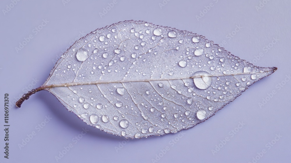 Poster a close-up of a translucent leaf with water droplets on a soft purple background.