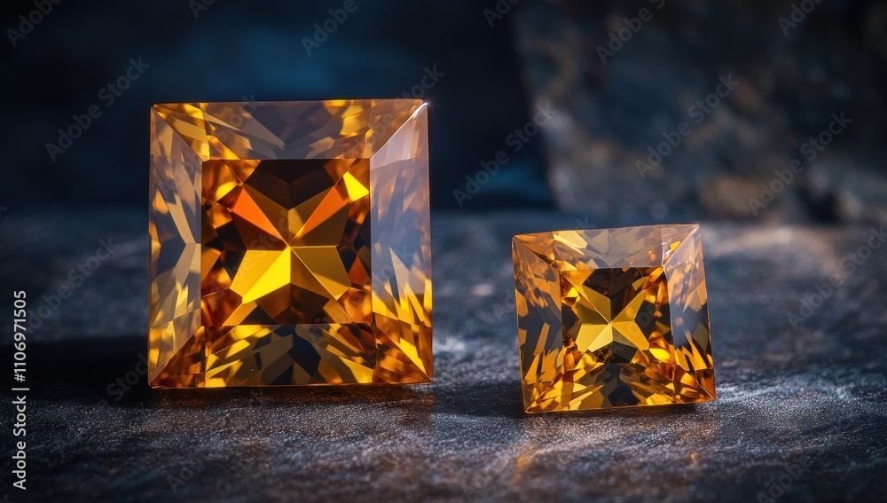 Poster two sparkling amber gemstones of different sizes displayed on a dark surface.