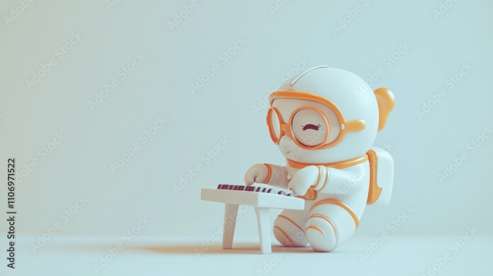 Poster A cute character in a spacesuit plays a keyboard, showcasing creativity and fun.