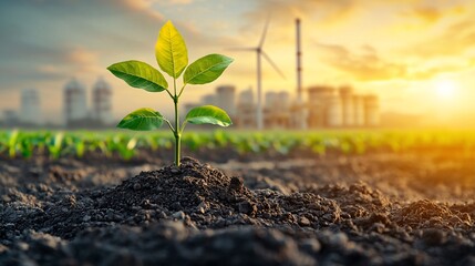 A wind farm near an industrial facility symbolizing renewable energy integration in business Stock Photo with side copy space