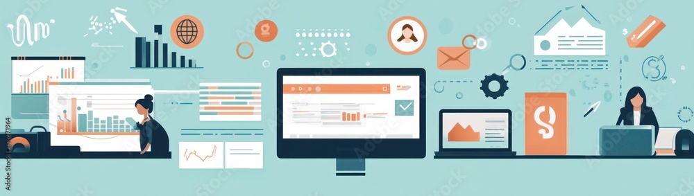 Aufkleber a digital workspace featuring analytics, charts, and professionals working on data.