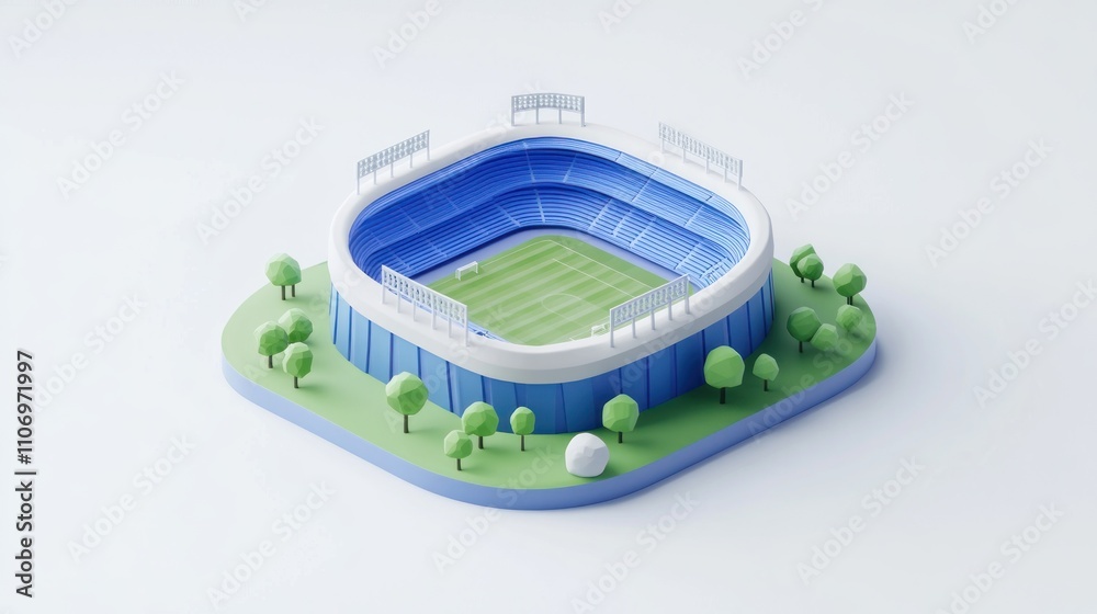 Aufkleber A 3D model of a stadium with a green field and surrounding trees.