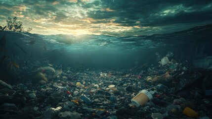 Obraz premium Ocean Pollution: A Sea of Plastic Waste at Sunset