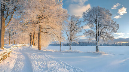 Obraz premium Winter Wonderland, Snowy Path Leads to Frozen Lake, Sunlit Trees Glimmering