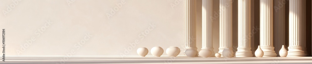 Poster a minimalist scene featuring eggs and classical columns, evoking simplicity and elegance.