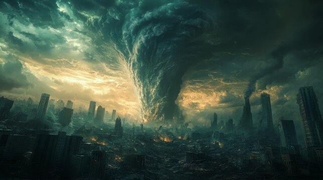 Gigantic tornado dominates post apocalyptic city, dramatic, swirling clouds, buildings lie in ruins