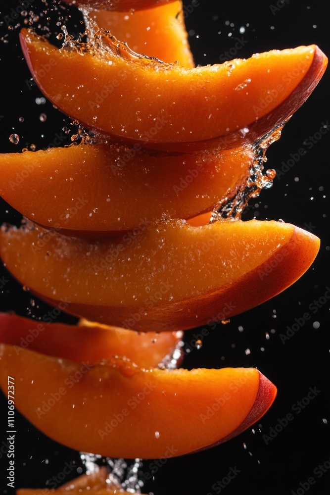 Poster slices of peach splashing in water against a black background, highlighting freshness and texture.