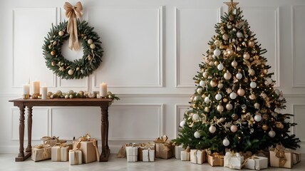 Elegant Christmas Tree With Gifts in Cozy Living Room
