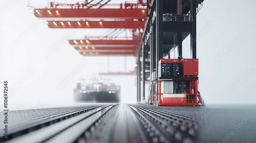 Poster a foggy port scene with cranes and containers, emphasizing industrial transport operations.