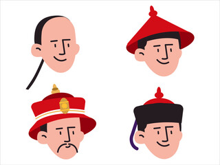 China culture head character headwear hairstyle oriental Chinese ethnic tradition hats caps facial expression face smiling emotion traditional equipment ancient historical style design icon set