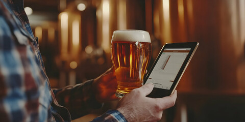 Brewer Examining Beer Sample with Digital Tablet in Brewery