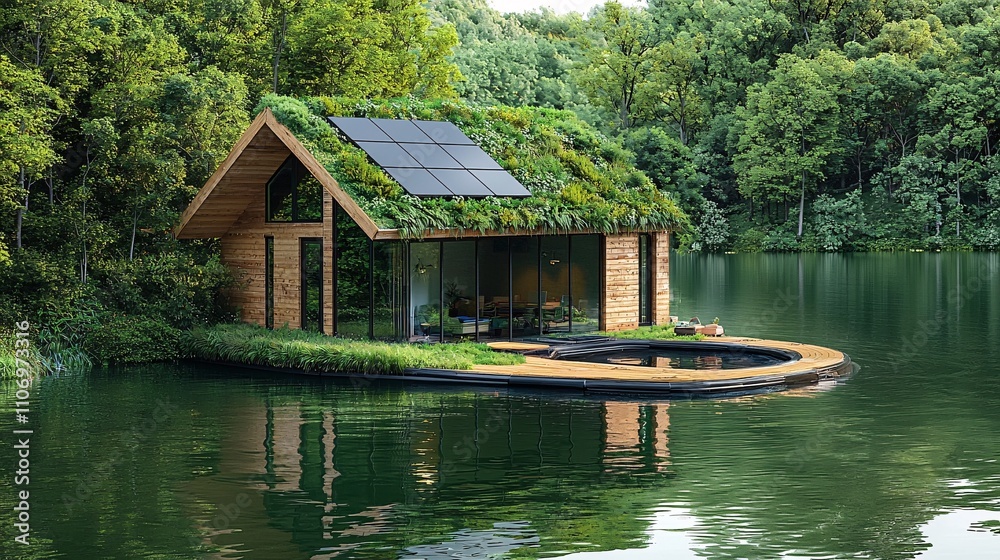 Poster a futuristic office powered entirely by renewable energy sources stock photo with side copy space