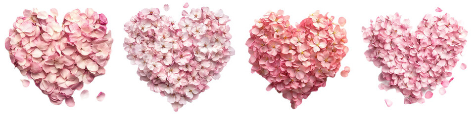 Four heart shapes made of pink flower petals, varying in color intensity and size, arranged in a row.