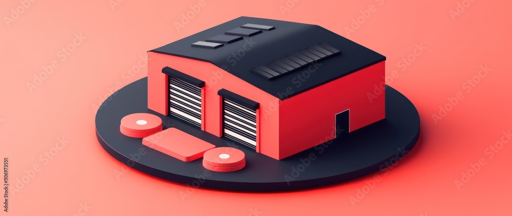 Poster A stylized 3D model of a warehouse with loading bays on a circular base.