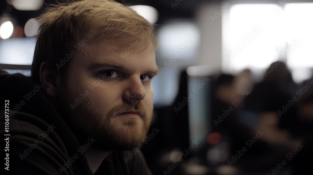 Poster a focused individual in a tech environment, reflecting concentration and purpose.