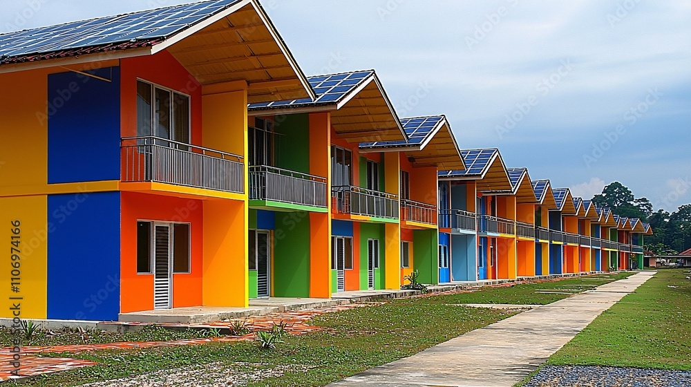Poster A community project integrating solar panels into residential areas for shared energy use Stock Photo with side copy space