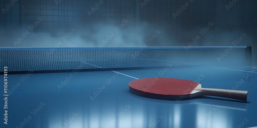 Poster A ping pong paddle rests on a blue table, with a net and mist in the background.