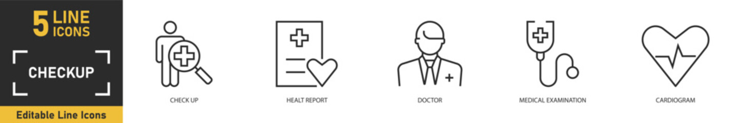 Fototapeta premium Checkup line icon set. Set of 5 outline icons related to check up, healt report, doctor, medical examination, cardiogram and more. Vector illustration.