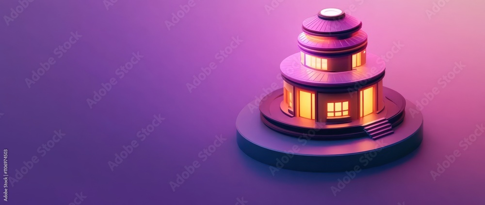 Poster A stylized, illuminated building on a circular platform with a purple gradient background.