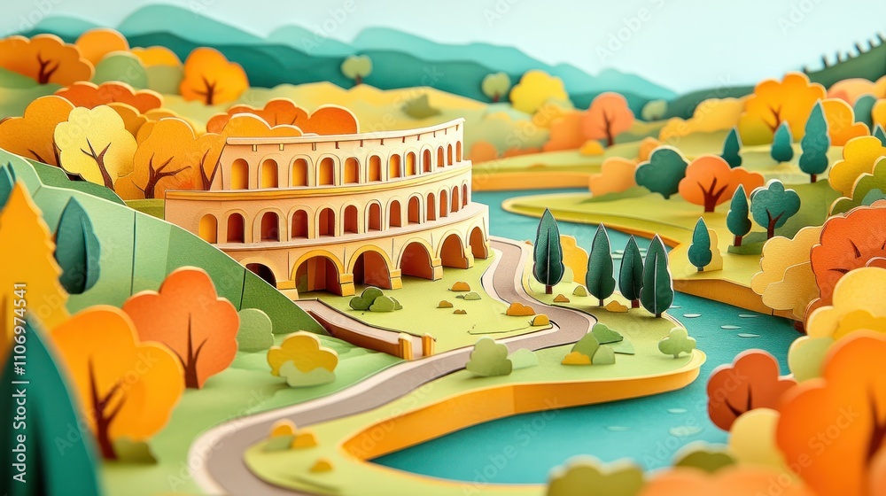 Poster a colorful paper art landscape featuring a coliseum surrounded by autumn trees and a river.