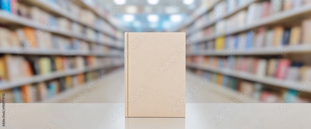 Poster A blank book on a table in a library setting, symbolizing knowledge.