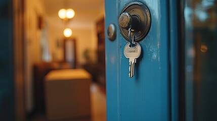 A Key In A Blue Door Leading To A Home